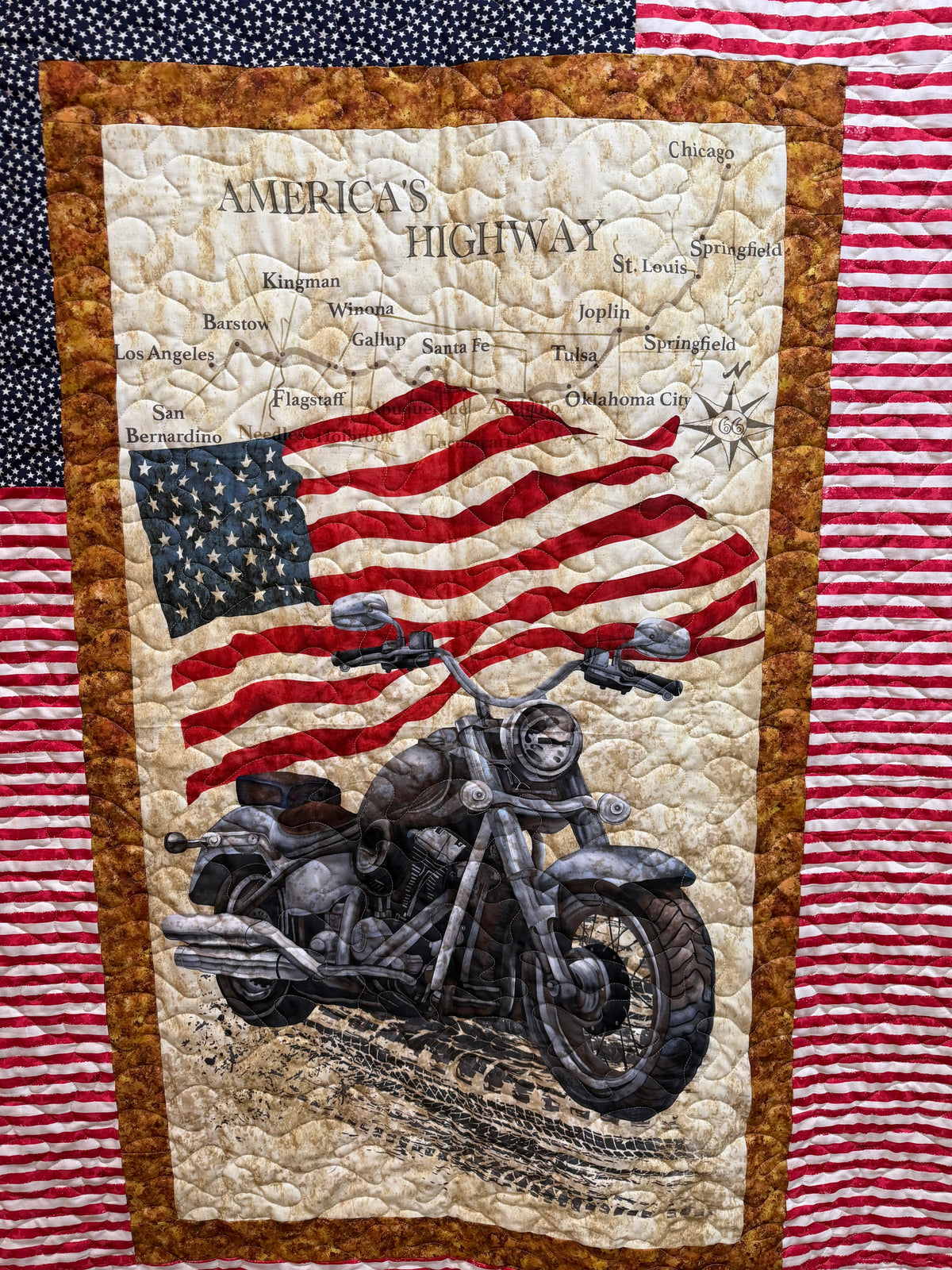 Quilt. Open Road Vintage Motorcycle. Route 66.