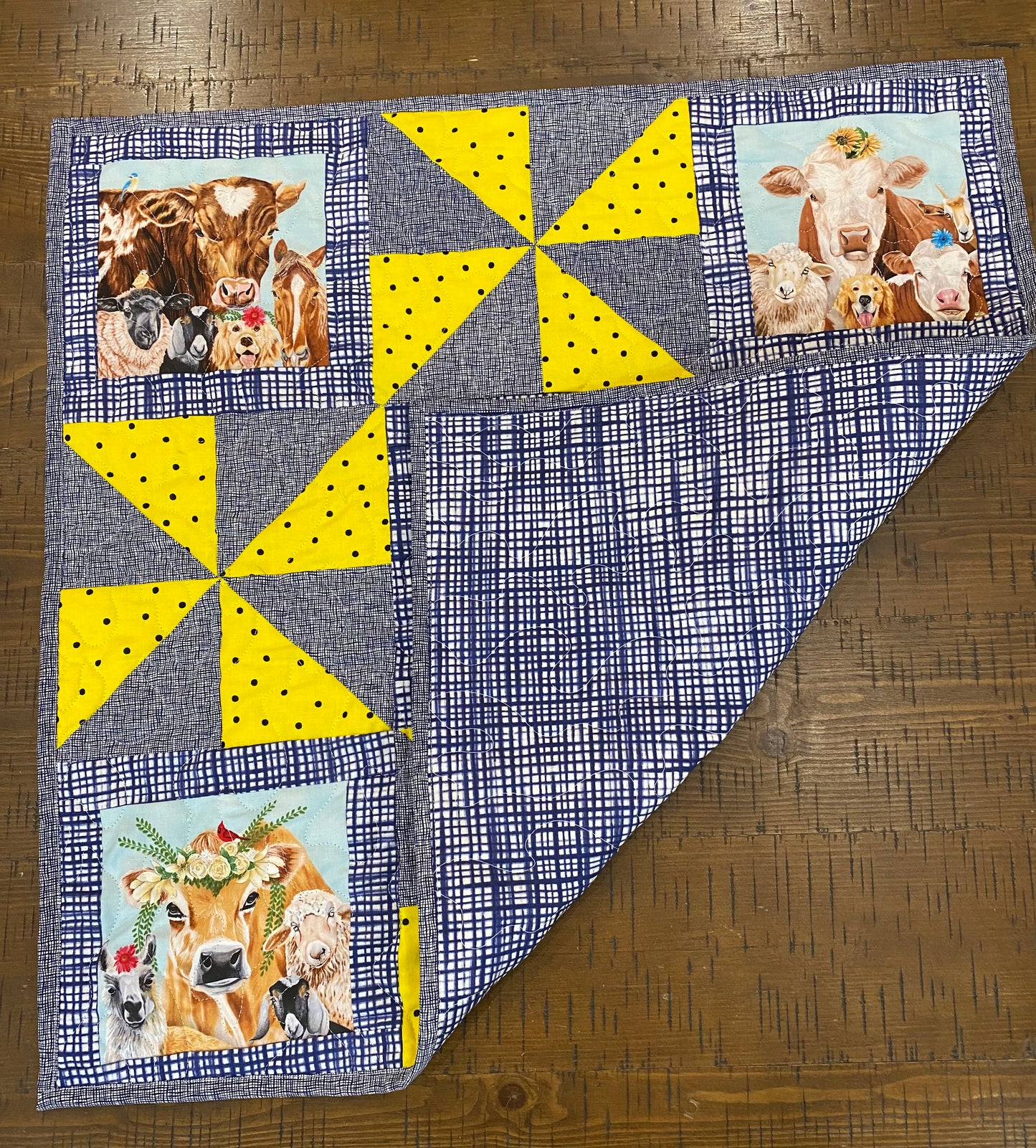 Quilted Wall Hanging/Table Topper. Farm Animals and Pinwheels.