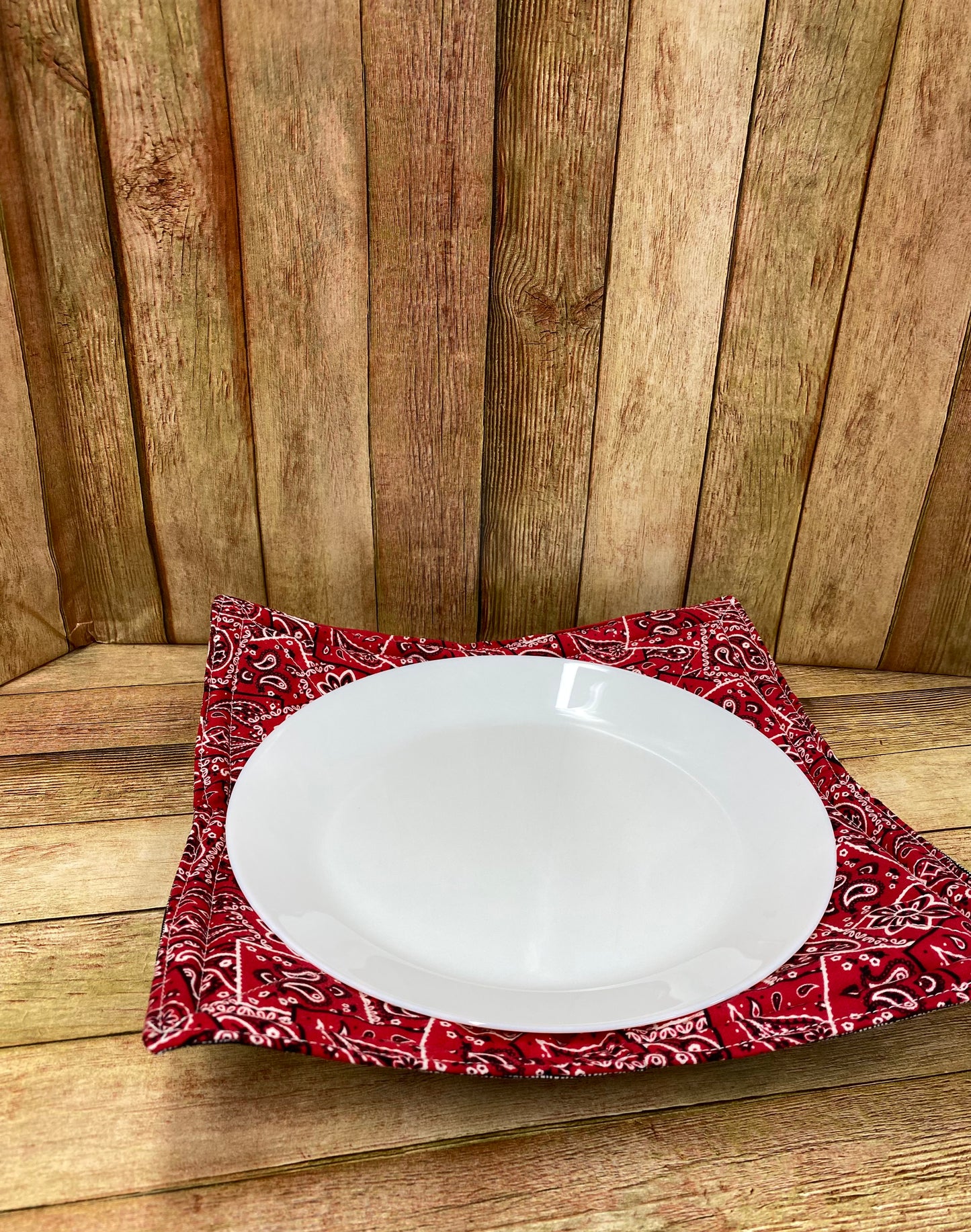 Plate Cozy. Red Bandana Print.