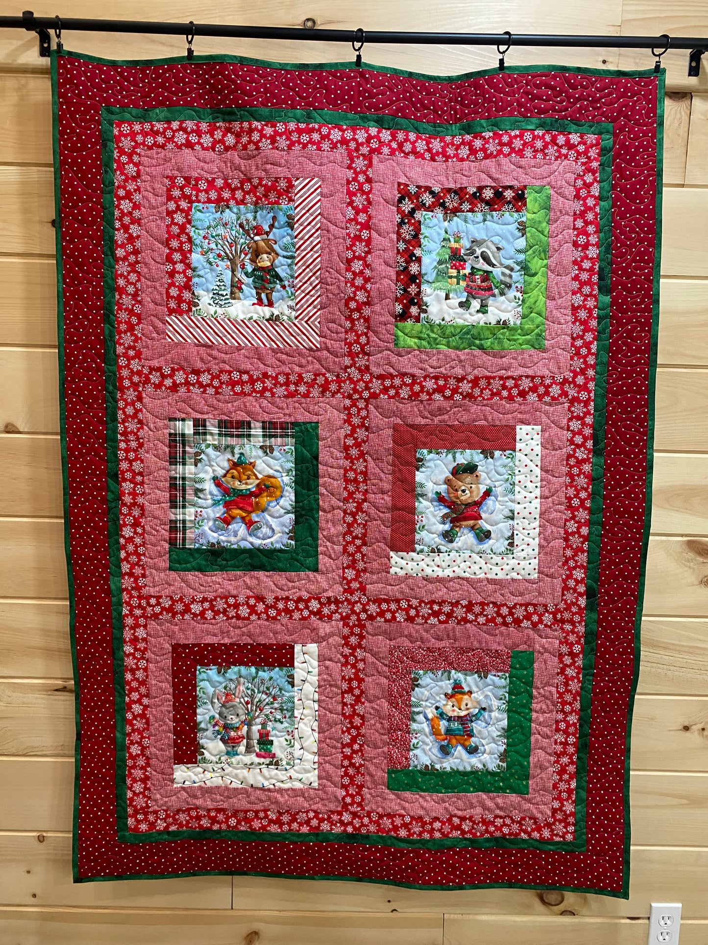 Quilt. Forest Animals in Winter Sweaters.