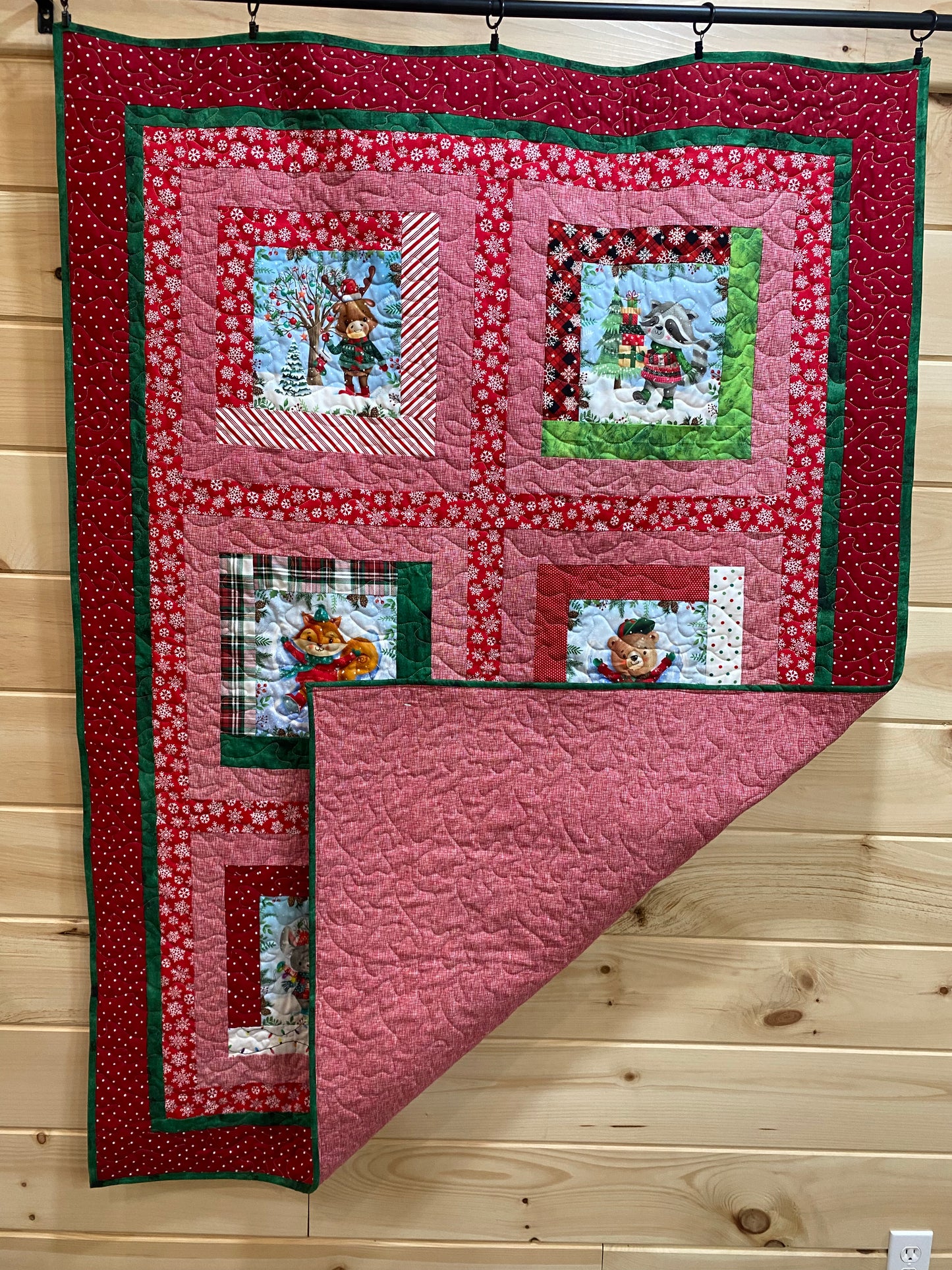 Quilt. Forest Animals in Winter Sweaters.