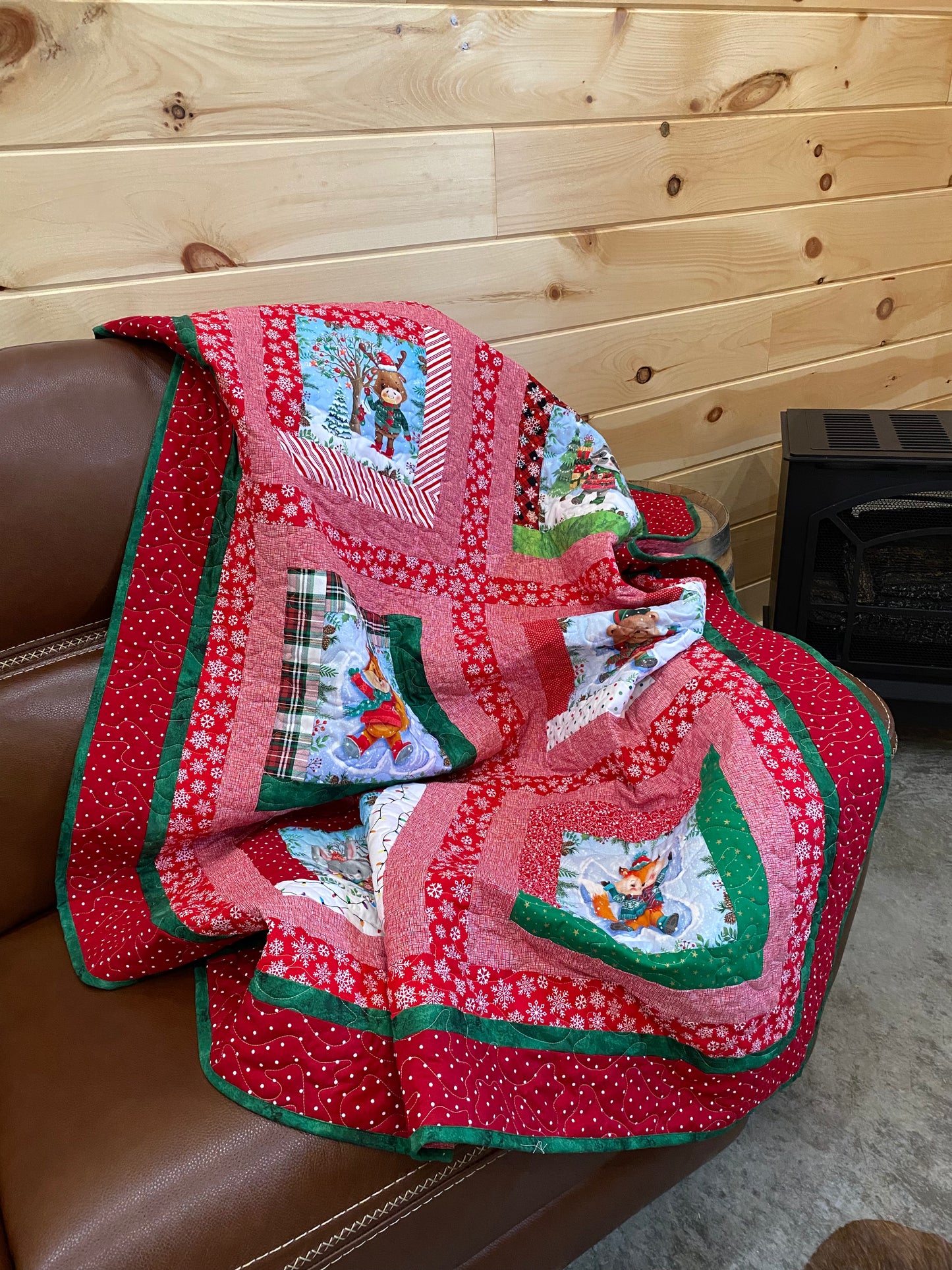 Quilt. Forest Animals in Winter Sweaters.