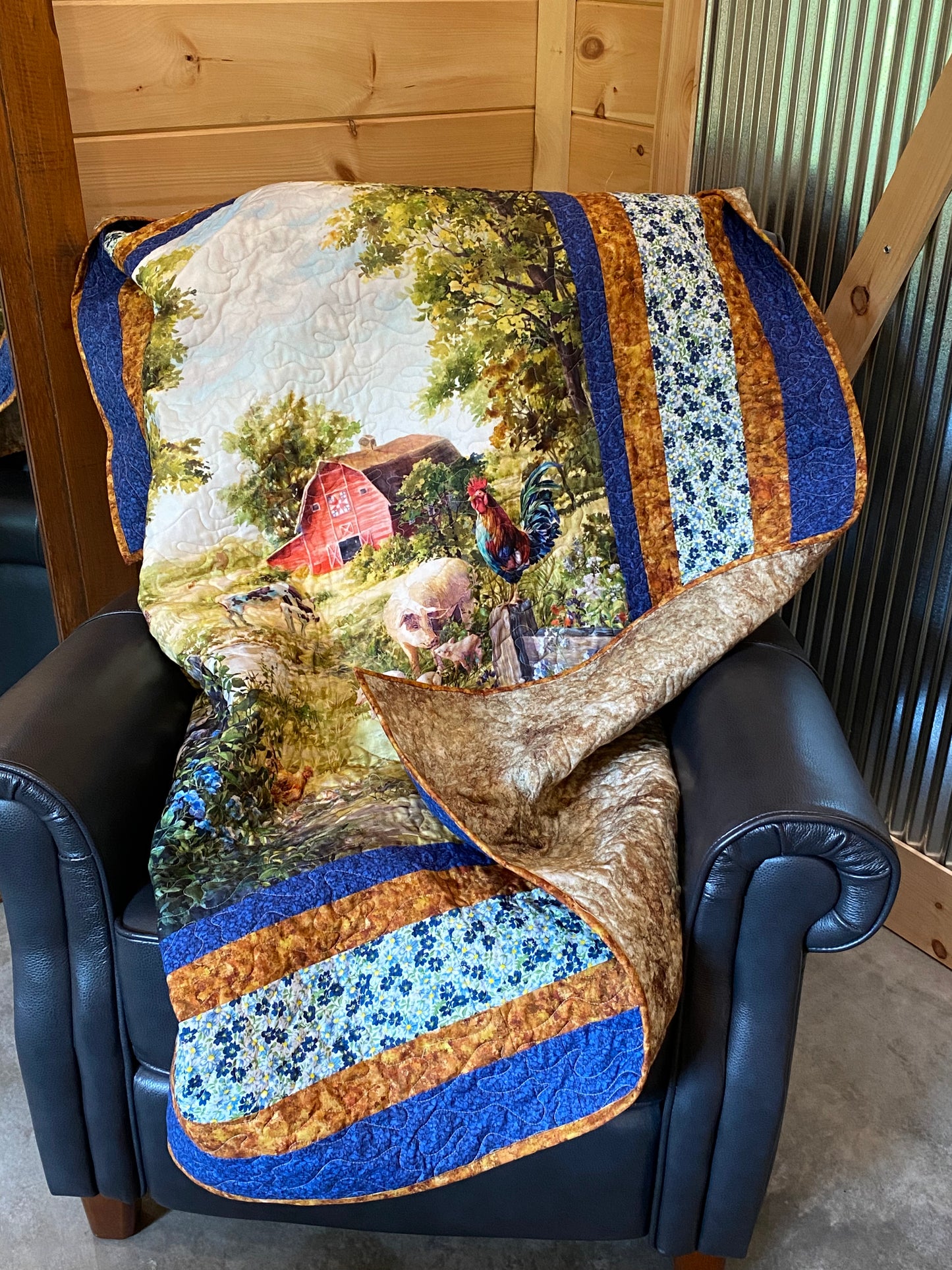 Quilt. Red Barn with Farm Animals and Flowers. Throw. Wall Hanging. Lap Quilt.