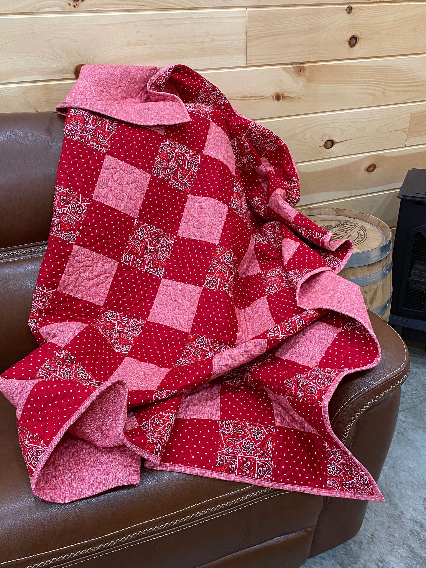 Quilt. Gingham Quilt. Picnic. Red with White Dots and Red Bandana Print.