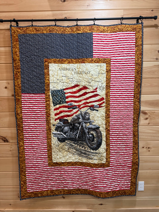 Quilt. Open Road Vintage Motorcycle. Route 66.