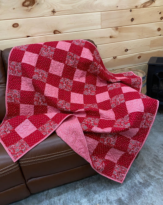 Quilt. Gingham Quilt. Picnic. Red with White Dots and Red Bandana Print.