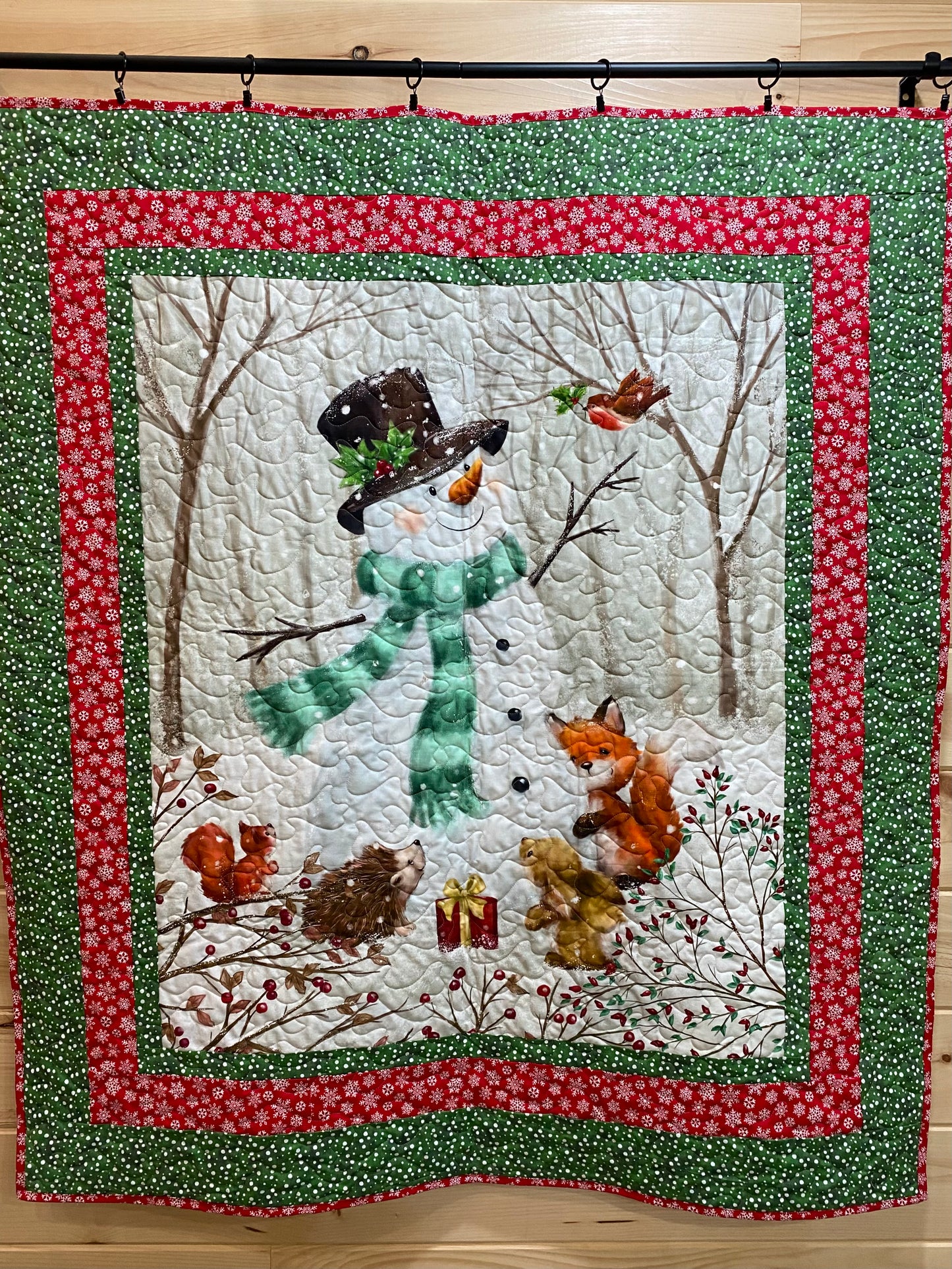 Quilt. Snowman with Forest Friends.