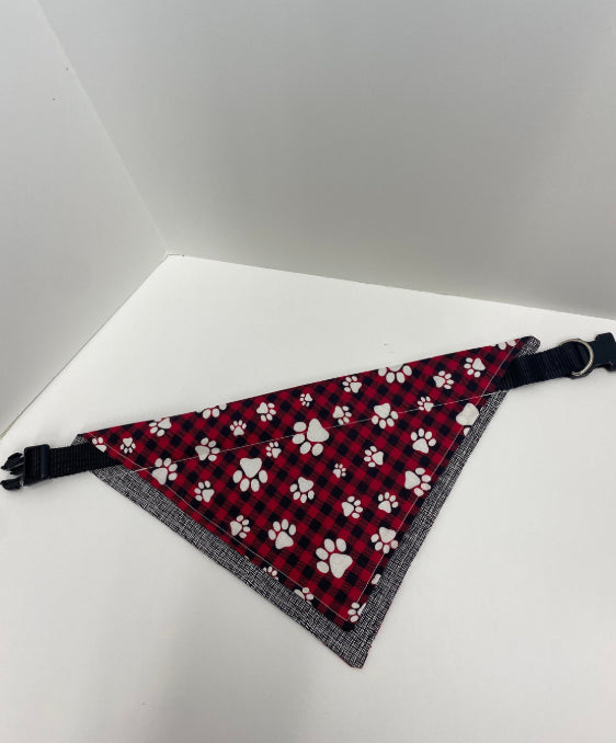 Pet Bandana. Over the Collar. Buffalo Plaid. Paw Print.