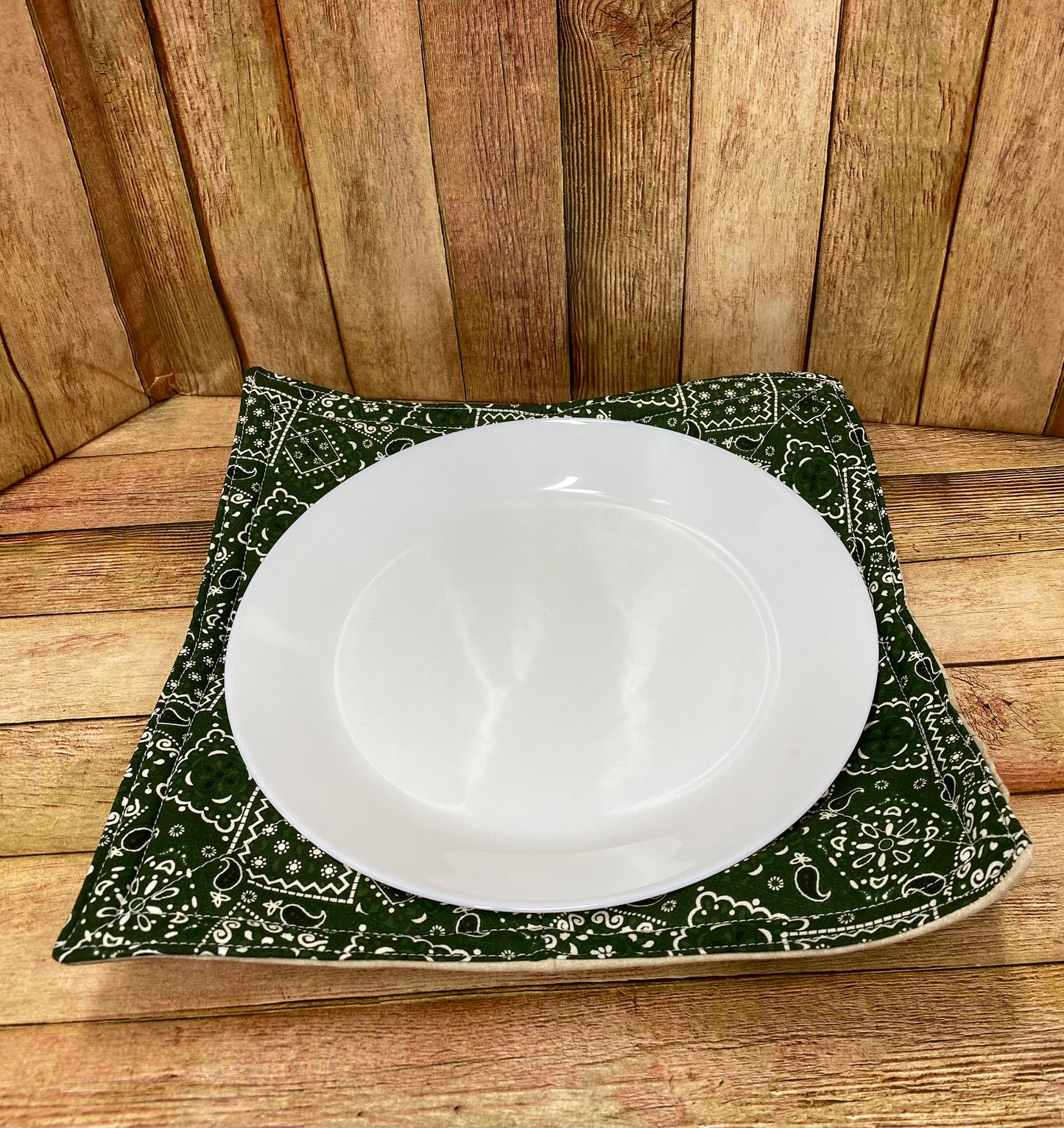Plate Cozy. Green Bandana Print.
