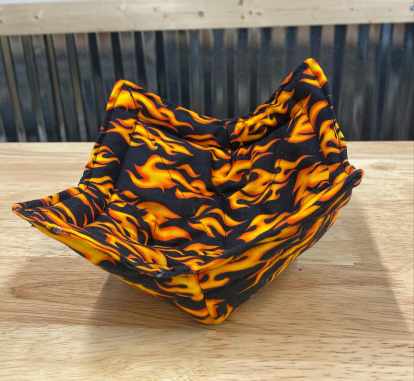 Bowl Cozy. Black with Orange Flames.