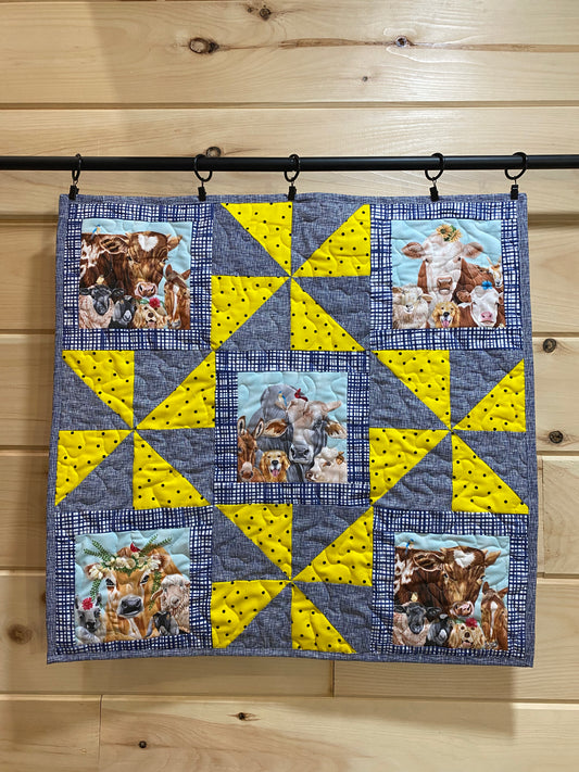 Quilted Wall Hanging/Table Topper. Farm Animals and Pinwheels.