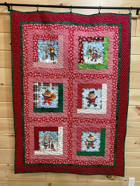 Quilt. Forest Animals in Winter Sweaters.