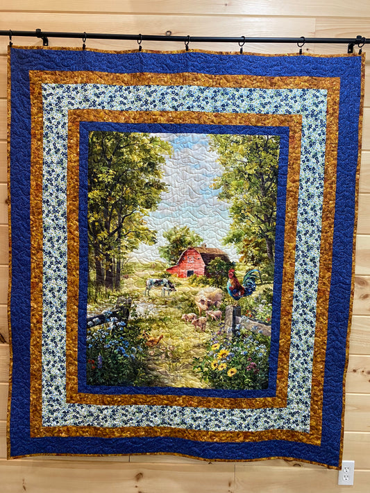 Quilt. Red Barn with Farm Animals and Flowers. Throw. Wall Hanging. Lap Quilt.