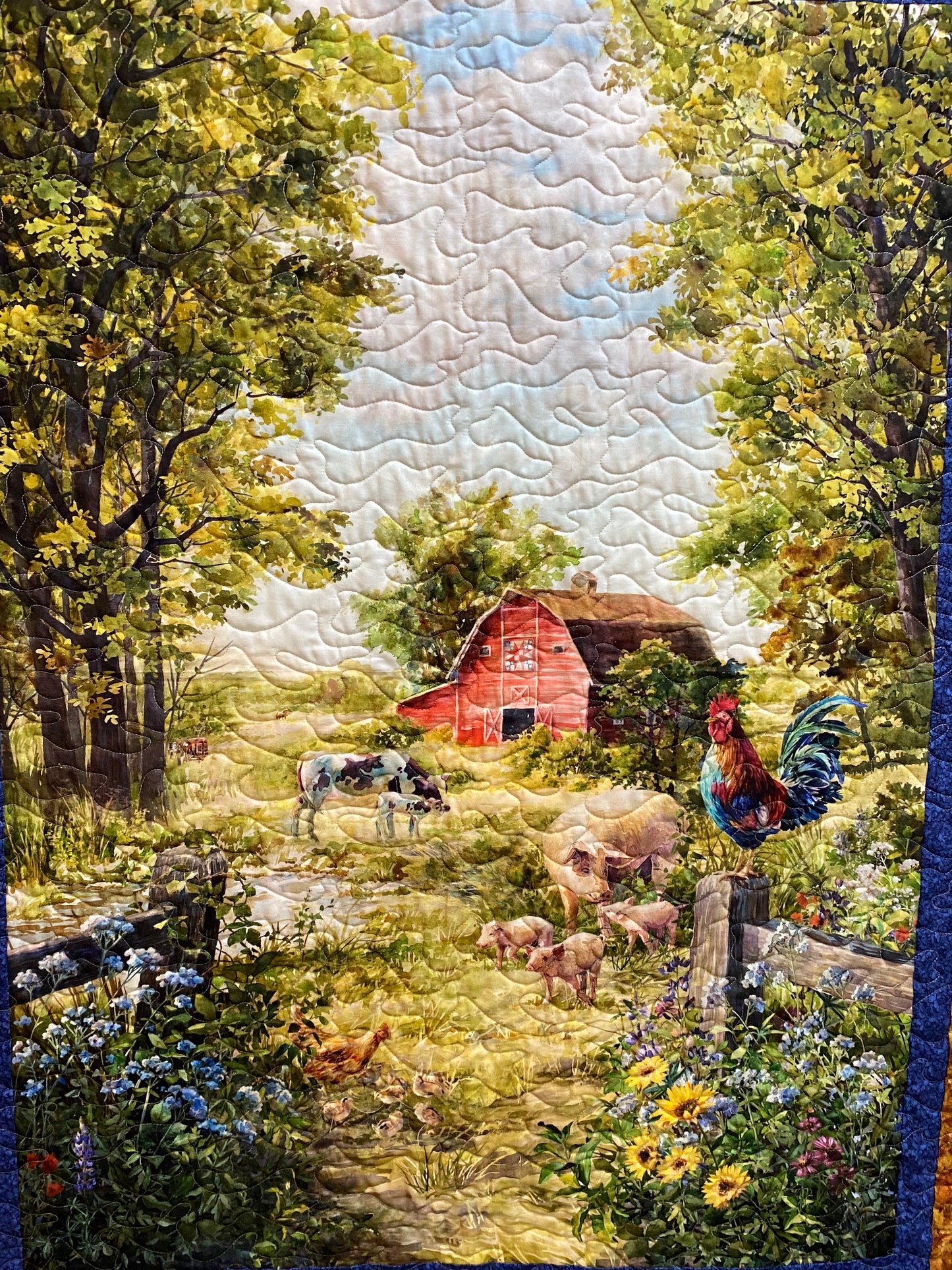 Quilt. Red Barn with Farm Animals and Flowers. Throw. Wall Hanging. Lap Quilt.