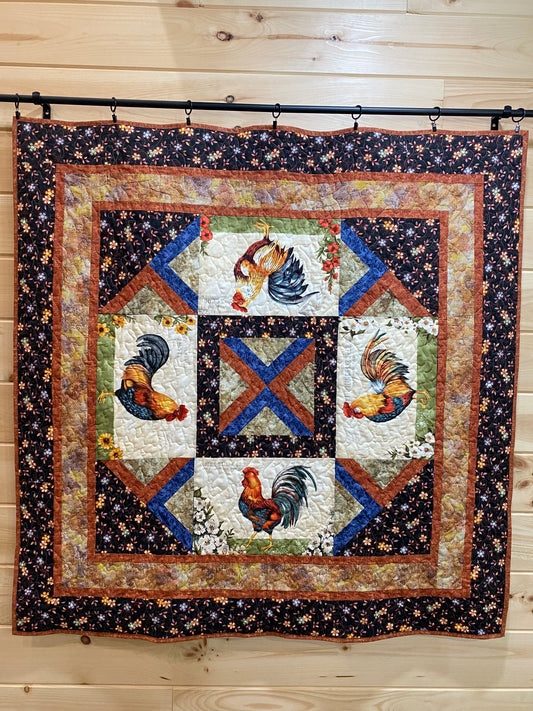 Quilt. Garden Gate Roosters. Wall Hanging.
