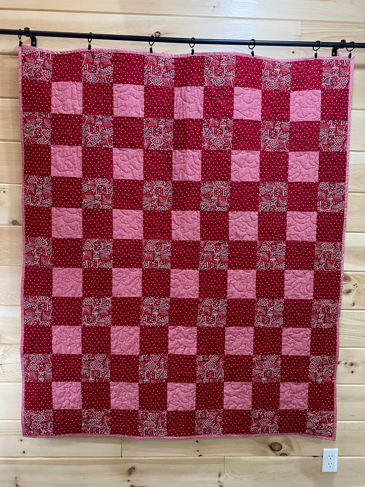 Quilt. Gingham Quilt. Picnic. Red with White Dots and Red Bandana Print.