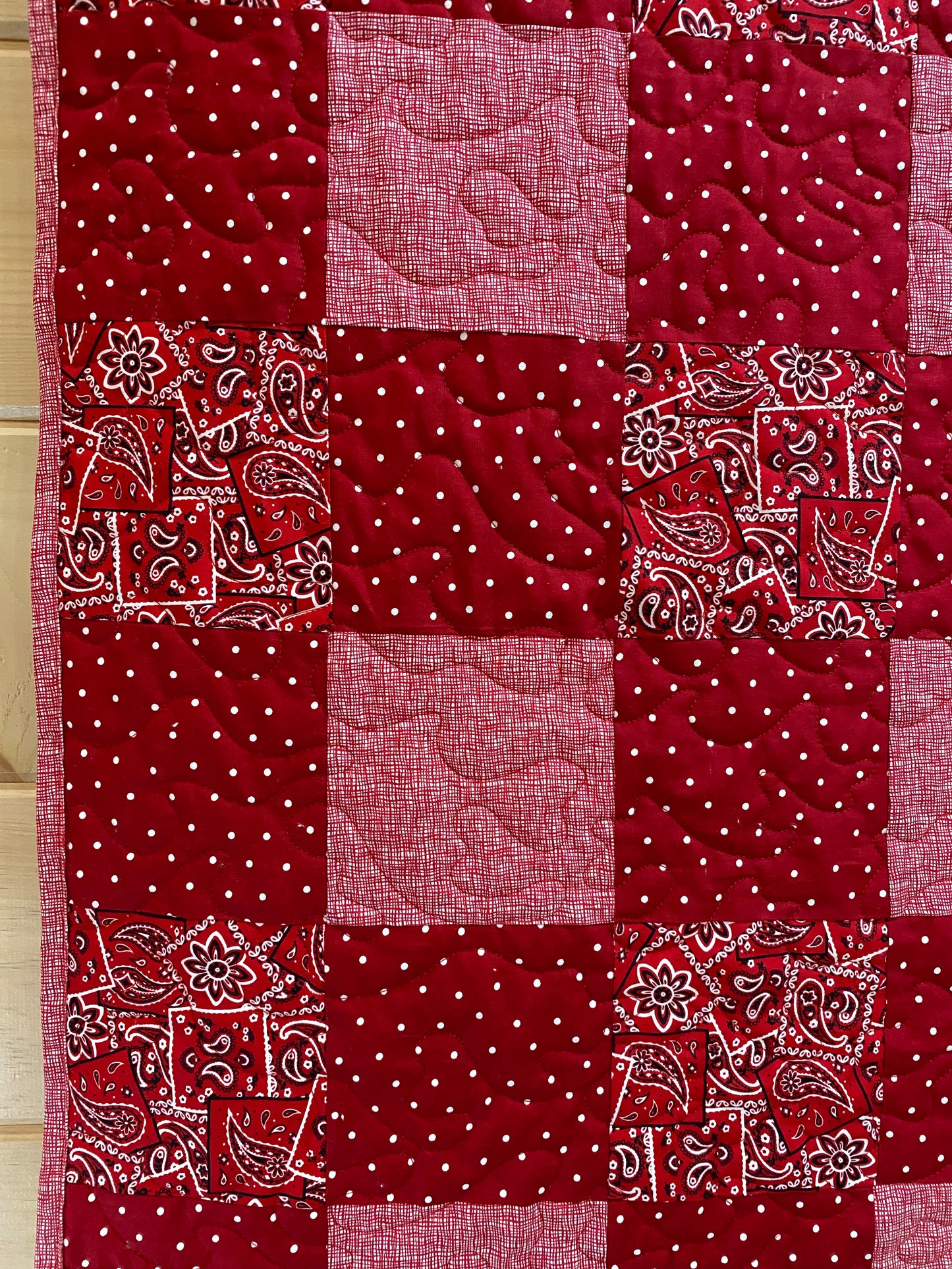 Quilt. Gingham Quilt. Picnic. Red with White Dots and Red Bandana Print.