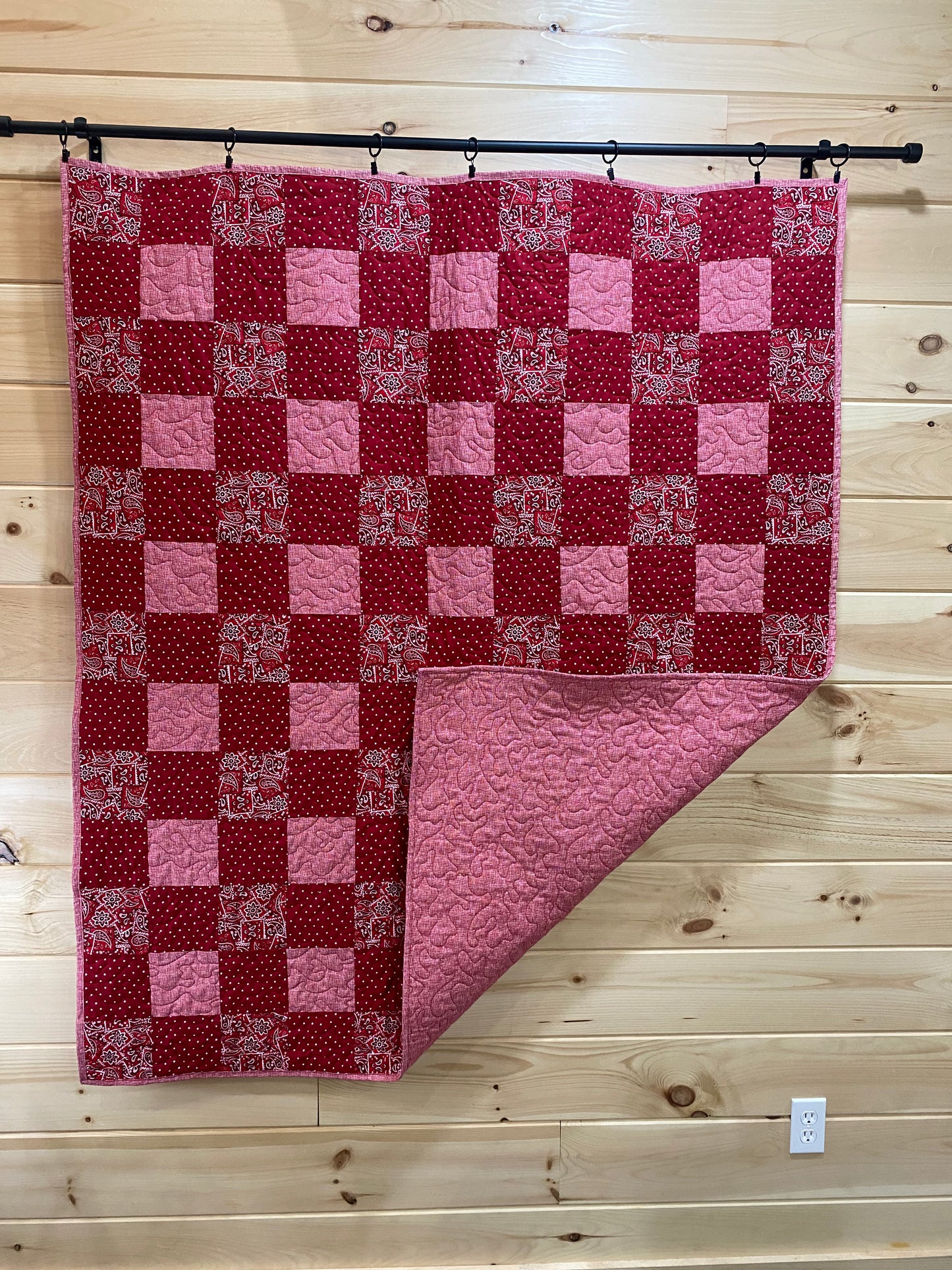 Quilt. Gingham Quilt. Picnic. Red with White Dots and Red Bandana Print.