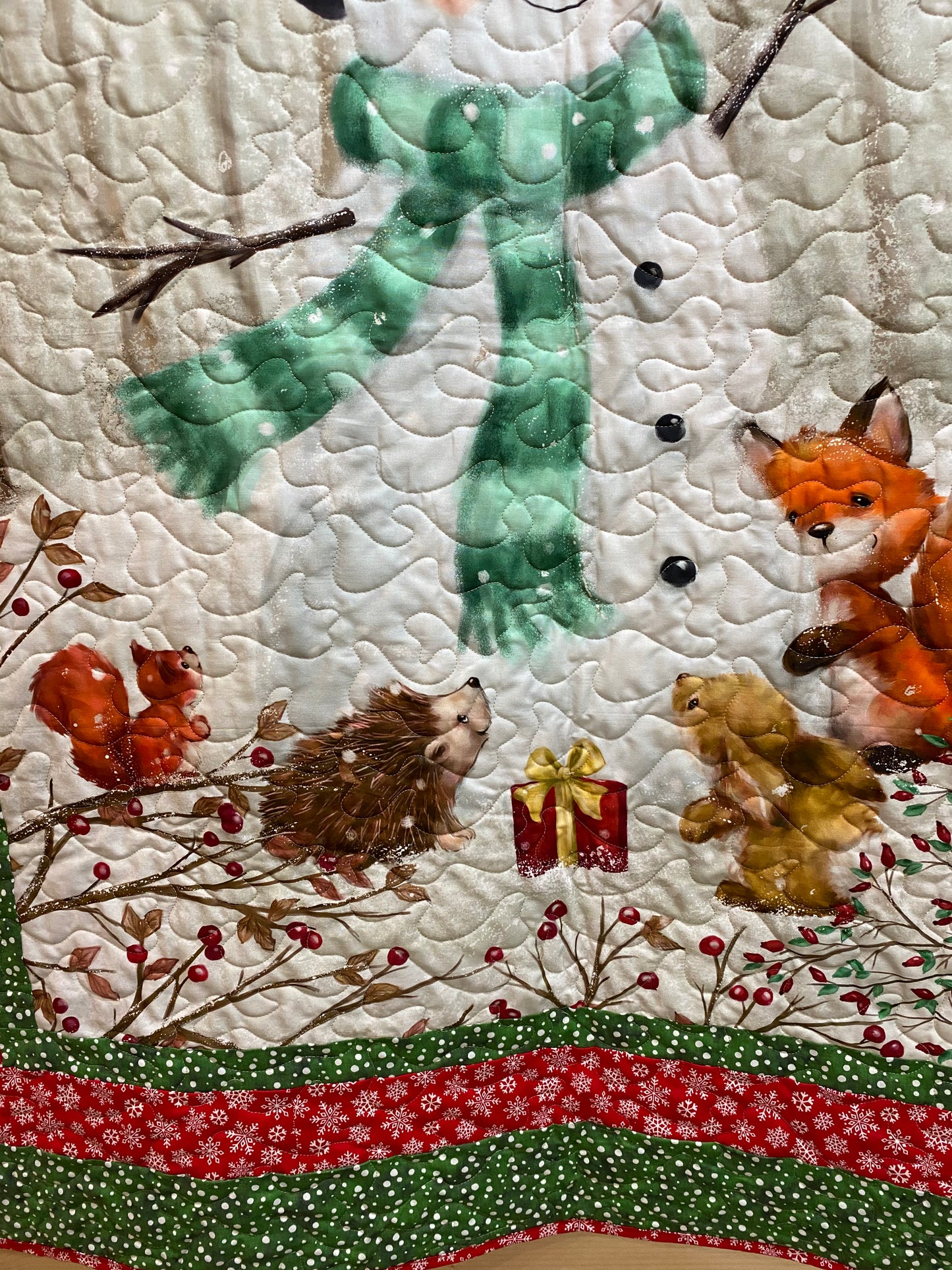 Quilt. Snowman with Forest Friends.