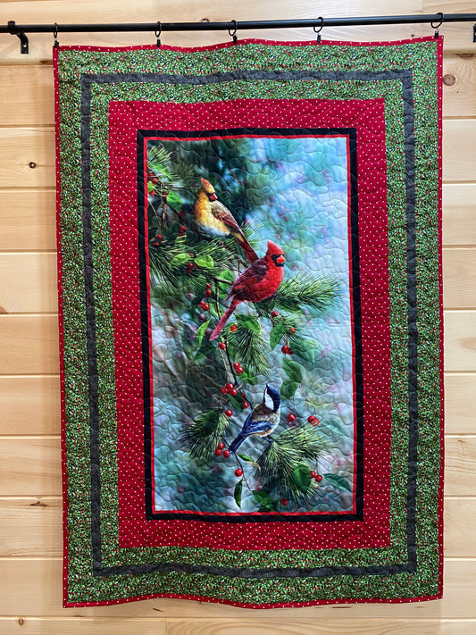 Quilt. Cardinals and Chickadee on a Tree Branch