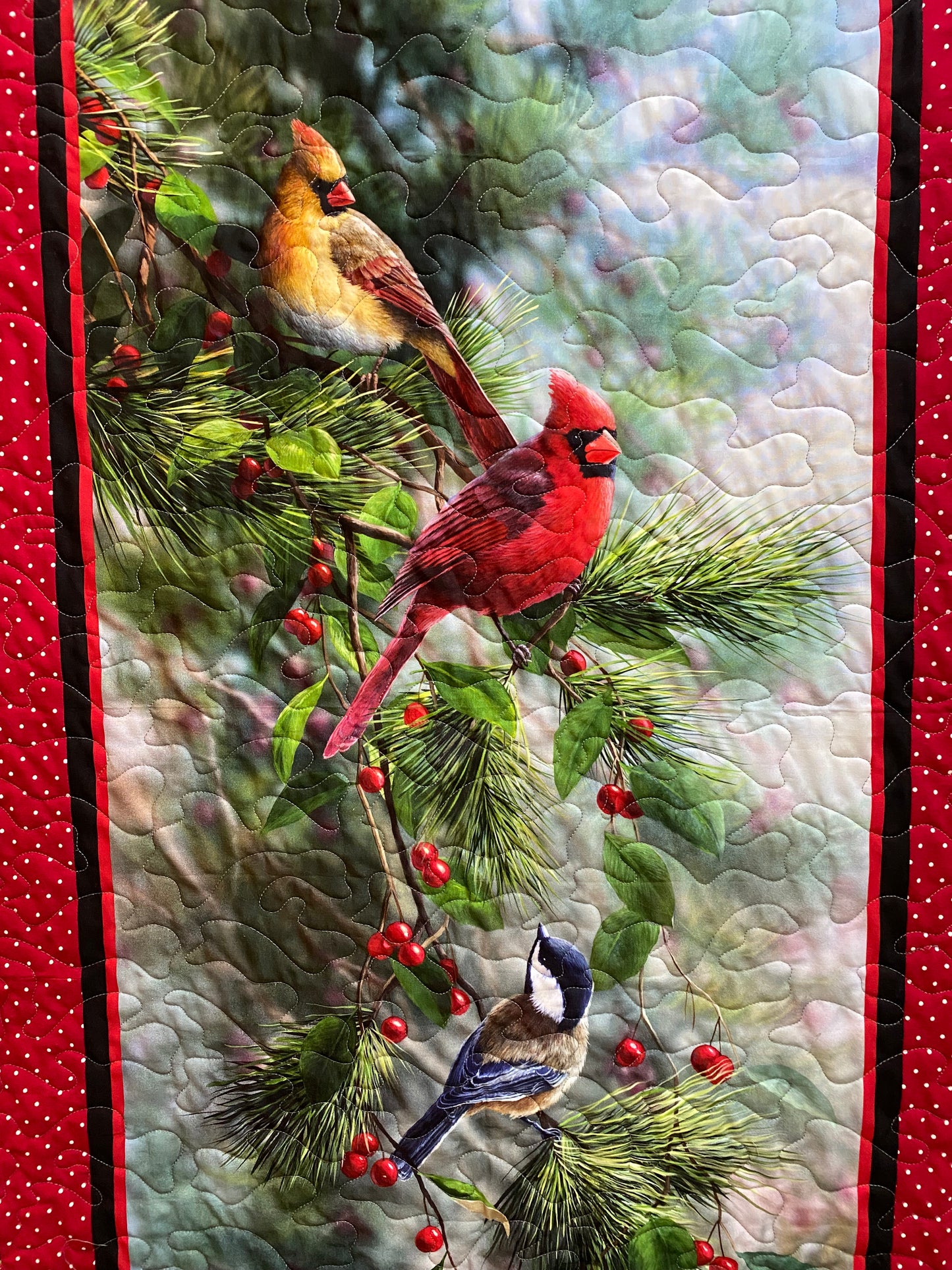 Quilt. Cardinals and Chickadee on a Tree Branch