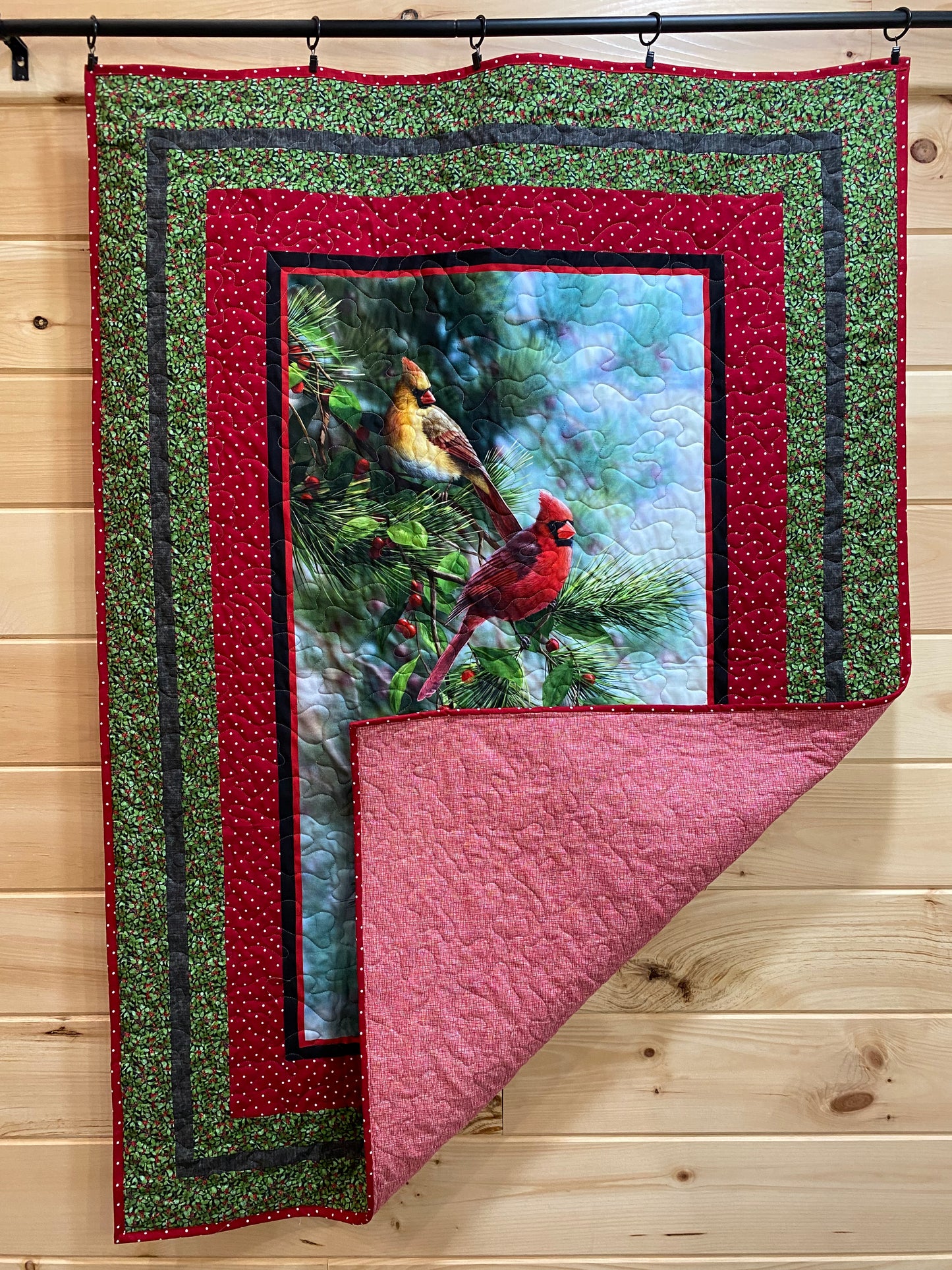 Quilt. Cardinals and Chickadee on a Tree Branch