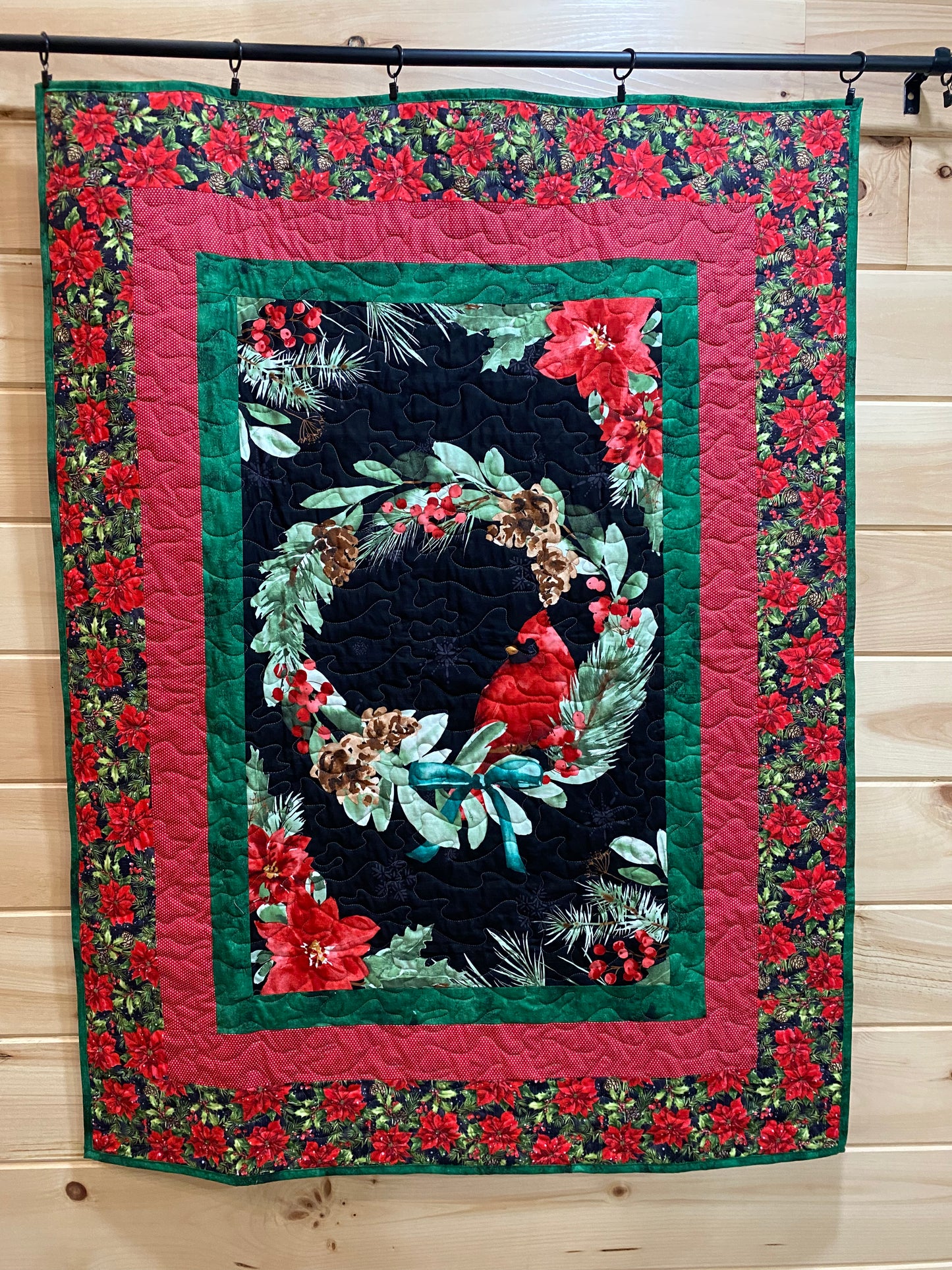 Quilt. Cardinal in Wreath. Cardinal Celebration.