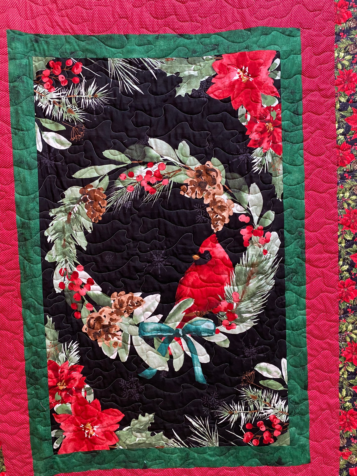 Quilt. Cardinal in Wreath. Cardinal Celebration.