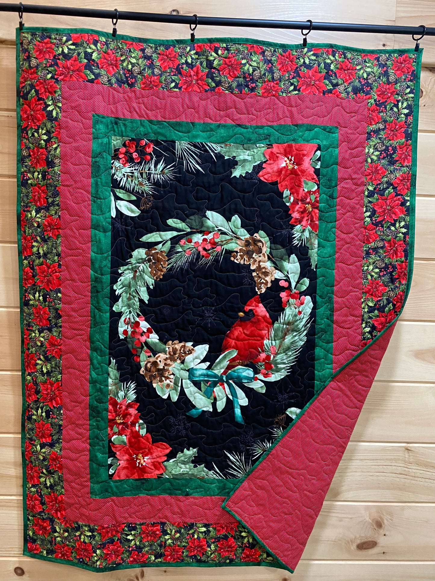 Quilt. Cardinal in Wreath. Cardinal Celebration.